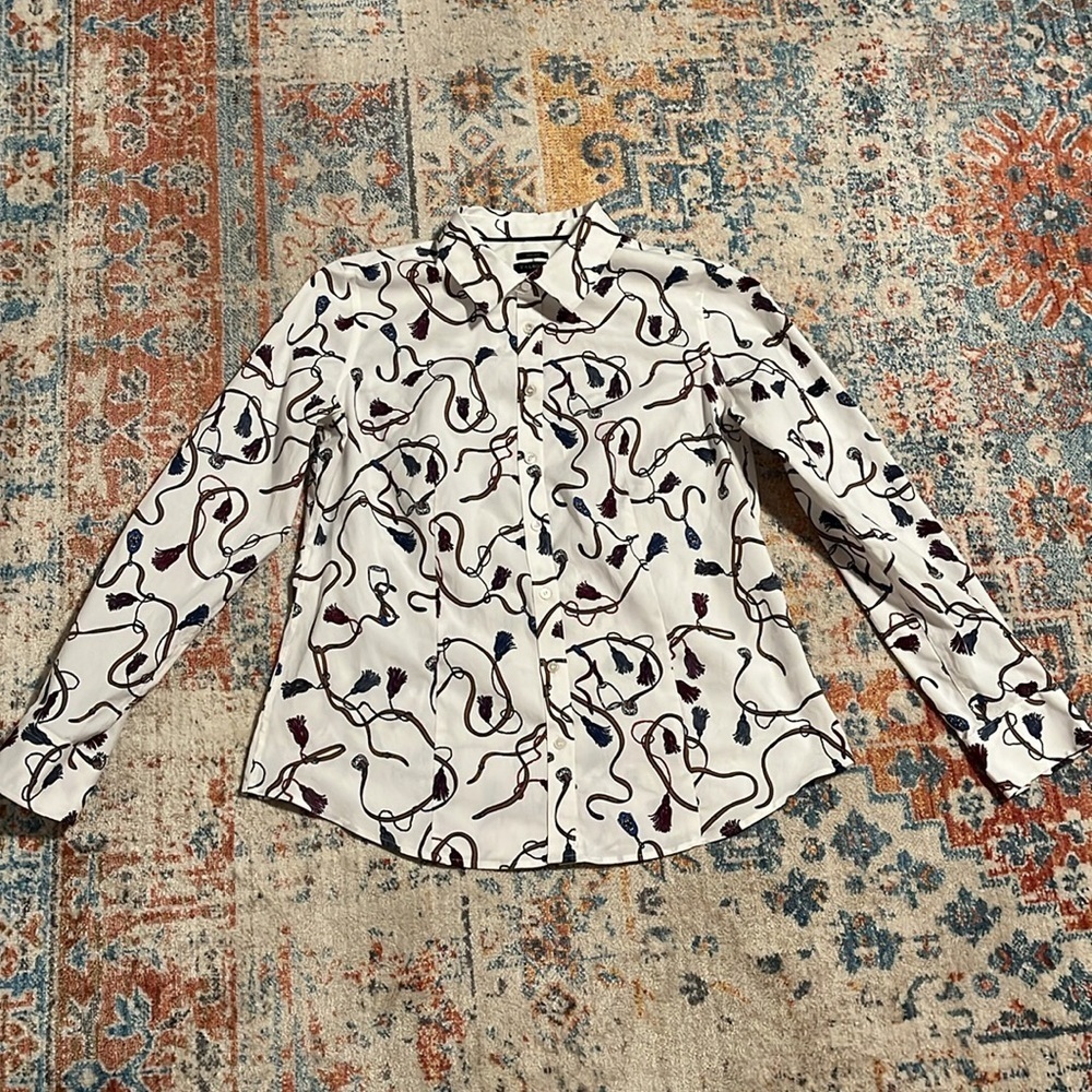 Talbots non-iron equestrian tassel belt print button down